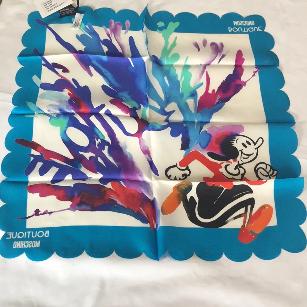 Moschino Boutique Silk Scarf Made in Italy Watercolor Olive Oyl NWT
